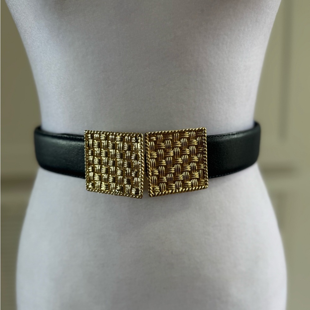 Navy Leather Adjustable Belt with Gold Basketweave Hardware Small festival - Picture 3 of 8